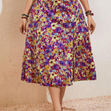 VCAY Plus Size Floral Printed High Slit Skirt