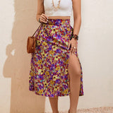 VCAY Plus Size Floral Printed High Slit Skirt