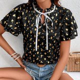 Blusa De Cuello Con Corbata Para Mujer Con Estampado De Corazon De Lunares Dorados