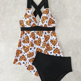 Swim Tankini con estampado de corazones para mujeres en estilo de camiseta sin mangas