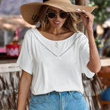 Frenchy Camiseta de mujer con encaje unicolor y parches, camiseta sin espalda con giro en la espalda, camiseta de material transpirable y coo, camiseta de playa para mujer, ropa de verano, camiseta corta.