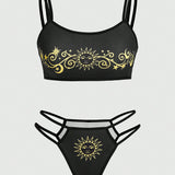 ROMWE Hippie Conjunto De Bralette Y Braga Sin Cables Con Estampado De Girasoles Y Vid