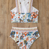 Swim Conjunto de Tankini tejido para mujeres con adornos bordados y estampado aleatorio para la playa de verano