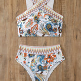Swim Conjunto de Tankini tejido para mujeres con adornos bordados y estampado aleatorio para la playa de verano