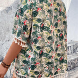 Frenchy Kimono Impreso Tropical Con Flecos Decorados Estilo Boho De Talla Grande Para El Verano