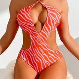 Swim Traje de bano de una pieza con cuello halter y patron de cebra cortado para mujer, traje de bano de playa de verano