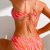 Swim Traje de bano de una pieza con cuello halter y patron de cebra cortado para mujer, traje de bano de playa de verano