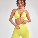 Yoga Sxy Conjunto De Sujetador Deportivo De Cuello Halter Con Top Corto Con Nudos Retorcidos Para Mujer