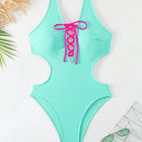 Swim Traje De Bano Monokini Ahuecado Con Cuello Halter Y Bloques De Color Para Mujer Con Cinturilla Anudada