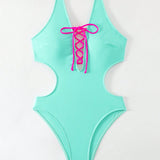 Swim Traje De Bano Monokini Ahuecado Con Cuello Halter Y Bloques De Color Para Mujer Con Cinturilla Anudada