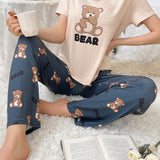 Camiseta De Manga Corta Con Estampado De Oso Y Letra Y Pantalones 2 Piezas Como Atuendo Para Estar En Casa