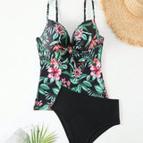 Swim Lushore Conjunto De Bikini Camisola Con Estampado Tropical Para Mujer Con Parte Inferior Triangular De Color Liso