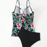 Swim Lushore Conjunto De Bikini Camisola Con Estampado Tropical Para Mujer Con Parte Inferior Triangular De Color Liso