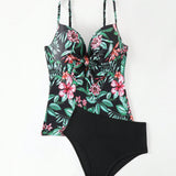 Swim Lushore Conjunto De Bikini Camisola Con Estampado Tropical Para Mujer Con Parte Inferior Triangular De Color Liso