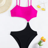 Monokini De Bano De Mujer Con Colores Contrastantes Y Detalle Hueco, Adelgazante Para La Playa De Verano