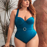 Swim Chicsea Traje De Bano De Una Pieza Con Espalda Cruzada Para Mujer De Talla Grande Con Cinturilla Con Hebilla Metalica