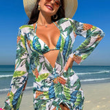 Conjunto De Bikinis Con Estampado Tropical Para Mujeres Con Detalle De Cordon, Vestido Cubrealta Detallado, Ideal Para Carnaval