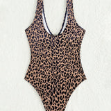 Swim Vcay Traje De Bano De Una Pieza De Conexion De Anillo Redondo Con Estampado De Leopardo Para Mujer