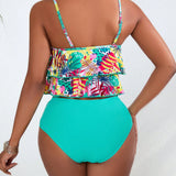 Swim Lushore Conjunto De Bikini Tropical Estampado Para Mujeres Con Tirantes Finos Sin Cables, Top Acolchado Y Parte Inferior De Triangulo De Cintura Alta