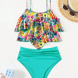 Swim Lushore Conjunto De Bikini Tropical Estampado Para Mujeres Con Tirantes Finos Sin Cables, Top Acolchado Y Parte Inferior De Triangulo De Cintura Alta