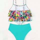 Swim Lushore Conjunto De Bikini Tropical Estampado Para Mujeres Con Tirantes Finos Sin Cables, Top Acolchado Y Parte Inferior De Triangulo De Cintura Alta