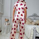 Umamao Estudio Conjunto de pijama de Satin de manga corta para mujer con parte superior de botones delanteros y pantalones cortos con estampado de corazones de Girlcore