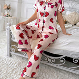 Umamao Estudio Conjunto de pijama de Satin de manga corta para mujer con parte superior de botones delanteros y pantalones cortos con estampado de corazones de Girlcore