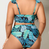 Swim Vcay Bikini De Talla Grande Con Estampado De Plantas Tropicales Y Mangas Onduladas Para Mujer