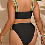 Swim Curve Plus Size Color Block Striped Woven Bandage Cut Out Side Bikini Swimsuit Set
