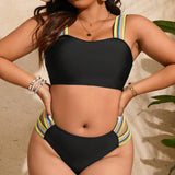 Swim Curve Plus Size Color Block Striped Woven Bandage Cut Out Side Bikini Swimsuit Set