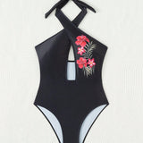 Swim SXY Malla Hueca Con Diseno Floral Impreso, Traje De Bano De Una Sola Pieza Con Cruzado Y Anudado Al Cuello