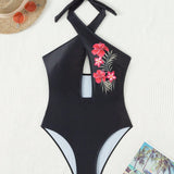 Swim SXY Malla Hueca Con Diseno Floral Impreso, Traje De Bano De Una Sola Pieza Con Cruzado Y Anudado Al Cuello