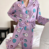 DAZY Conjunto De Pijama Con Estampado De Rosquillas Lindo Con Cuello De Traje, Parte Superior Con Botones Y Pantalones