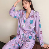 DAZY Conjunto De Pijama Con Estampado De Rosquillas Lindo Con Cuello De Traje, Parte Superior Con Botones Y Pantalones