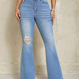 SXY Jeans Acampanados De Talle Medio Lavados Con Detalle Destrozado