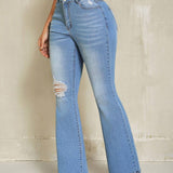 SXY Jeans Acampanados De Talle Medio Lavados Con Detalle Destrozado