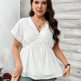 Camisa De a Grande Para Mujer Con Cuello De Muneca Blanco, Cuello En V, Manga Corta, Dobladillo En Linea A, Ropa Informal Y Versatil Para Mujeres