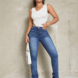 SXY Jeans Ajustados Con Diseno De Bigotes De Gato Y Cintura Alta Forrados De Vellon Para Mujer