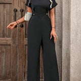 Women's Solid Color Notch Collar Loose Fit Casual Jumpsuit