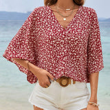 Frenchy Blusa Veraniega De Mangas Murcielago Con Estampado Floral Boho Chic, Cuello En V, Elegante Y Romantica, Ideal Para Vacaciones De Verano, Linda Camisa, Cubierta De Trajes De Bano