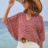 Frenchy Blusa Veraniega De Mangas Murcielago Con Estampado Floral Boho Chic, Cuello En V, Elegante Y Romantica, Ideal Para Vacaciones De Verano, Linda Camisa, Cubierta De Trajes De Bano