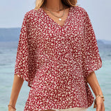 Frenchy Blusa Veraniega De Mangas Murcielago Con Estampado Floral Boho Chic, Cuello En V, Elegante Y Romantica, Ideal Para Vacaciones De Verano, Linda Camisa, Cubierta De Trajes De Bano