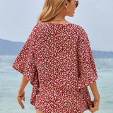 Frenchy Blusa Veraniega De Mangas Murcielago Con Estampado Floral Boho Chic, Cuello En V, Elegante Y Romantica, Ideal Para Vacaciones De Verano, Linda Camisa, Cubierta De Trajes De Bano