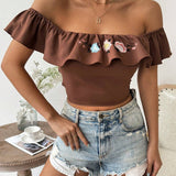 Blusa Corta Para Mujer Con Cuello Descubierto, Hombros Descubiertos, Diseno De Flor Bordado En La Parte Trasera Y Plisado, Con Mangas Cortas