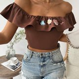 Blusa Corta Para Mujer Con Cuello Descubierto, Hombros Descubiertos, Diseno De Flor Bordado En La Parte Trasera Y Plisado, Con Mangas Cortas