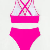 Conjunto de bikini de dos piezas separable para mujer, sexy con escote en V cruzado, correa ajustable, elegante de unicolor, cintura alta de malla