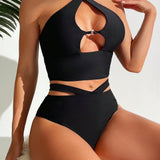 Swim Conjunto de tankini basico negro con top halter y breves triangulares con recortes