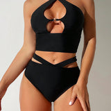 Swim Conjunto de tankini basico negro con top halter y breves triangulares con recortes