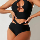 Swim Conjunto de tankini basico negro con top halter y breves triangulares con recortes