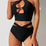 Swim Conjunto de tankini basico negro con top halter y breves triangulares con recortes